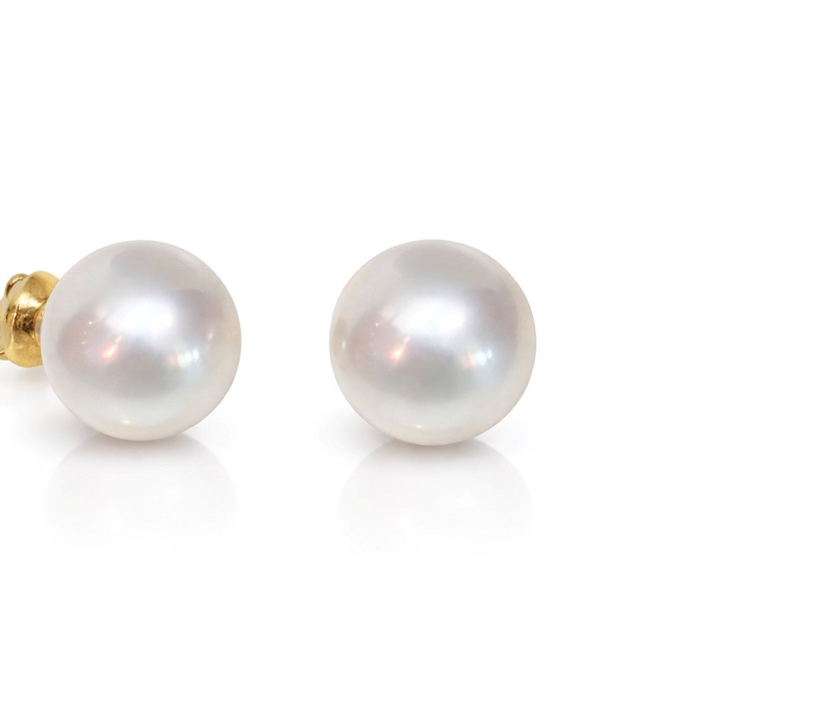 12mm High-Button White South Sea Pearl Studs - 18KT Yellow Gold