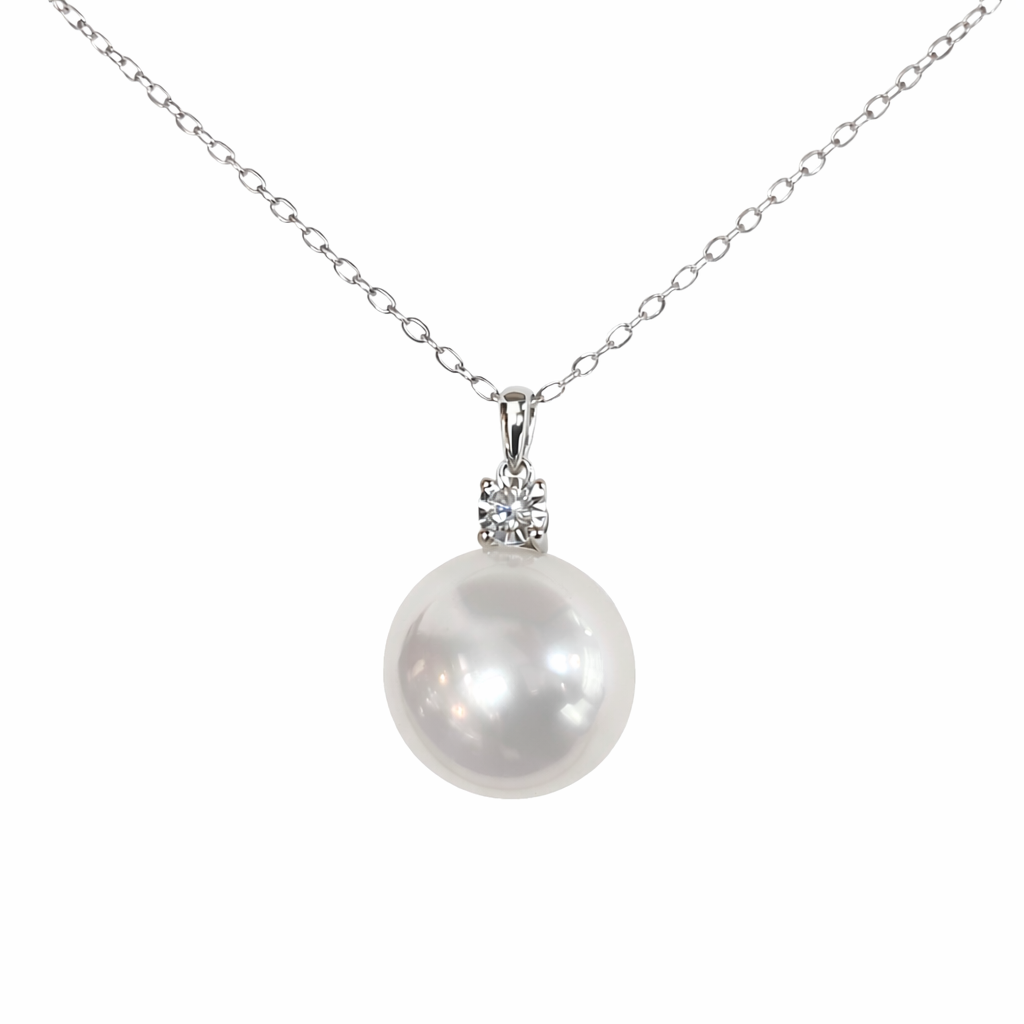13mm Semi - Round Australian White South Sea Pearl Pendant - 18KT White Gold with Natural Diamond