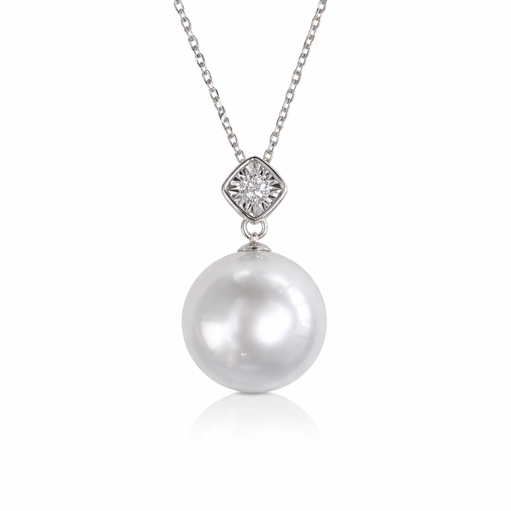 14mm Semi - Round Australian South Pearl Pendant - 18 KT White Gold with Natural Diamond