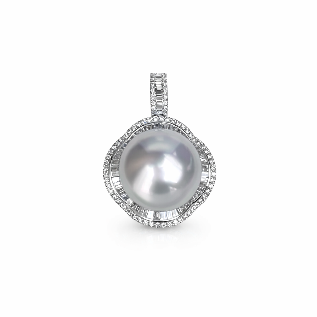 16mm High - Button Australian White South Sea Pearl Pendant - 18KT White Gold & Natural Diamond