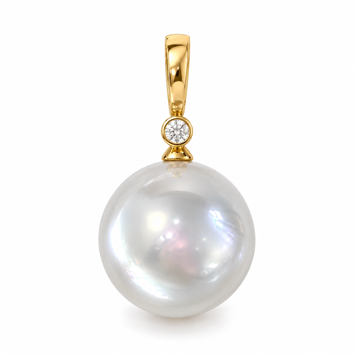 Premium 14mm - 15mm Round Australian White South Sea Pearl Pendant - 18KT Yellow Gold