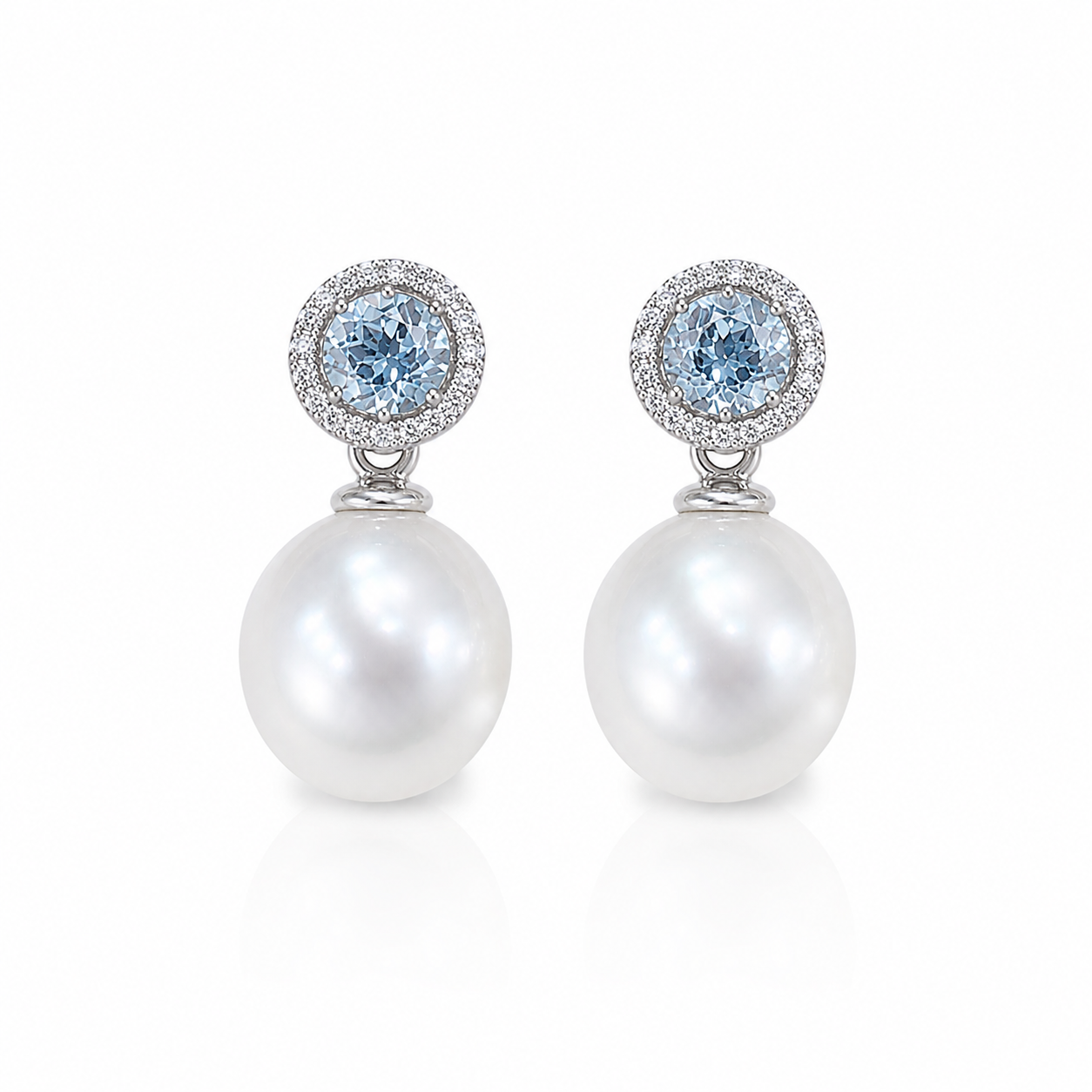 10mm Round Premium White Southsea Pearl Earrings - 18KT White Gold with Aquamarine setting