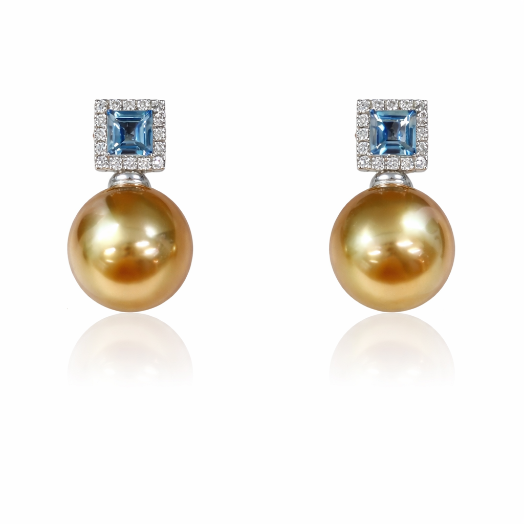 11mm-12mm Round Golden South Pearl Earrings - 14KT White Gold with Aquamarine setting