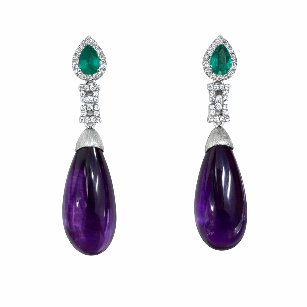 Amythest Earrings with Pear-shaped Natural Emerald - Sterling Silver