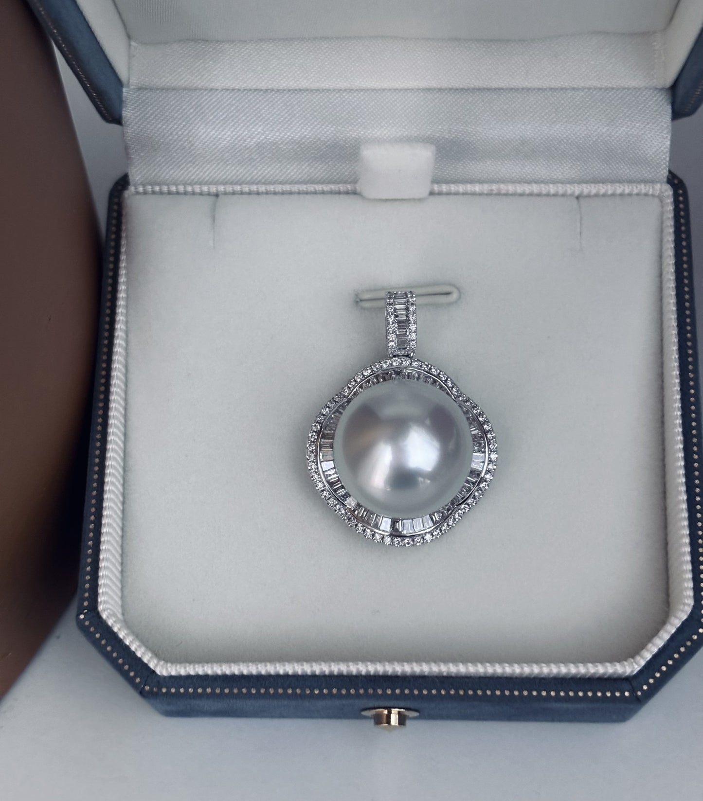 Made to order - 16mm High Button South Sea Pearl Pendant - 18kt White Gold and Diamonds