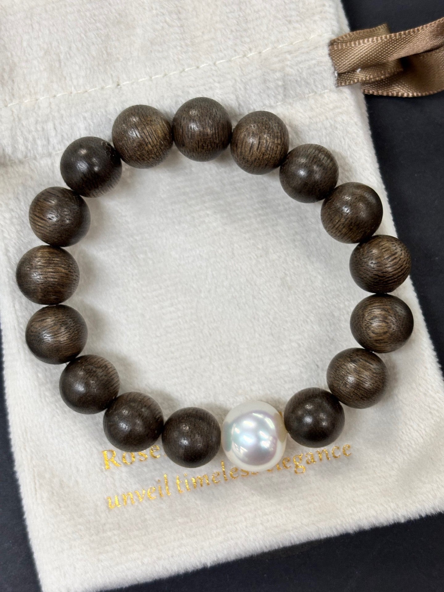Gem Lustre - Sandalwood Bead Bracelet with 13mm White South Sea Pearl