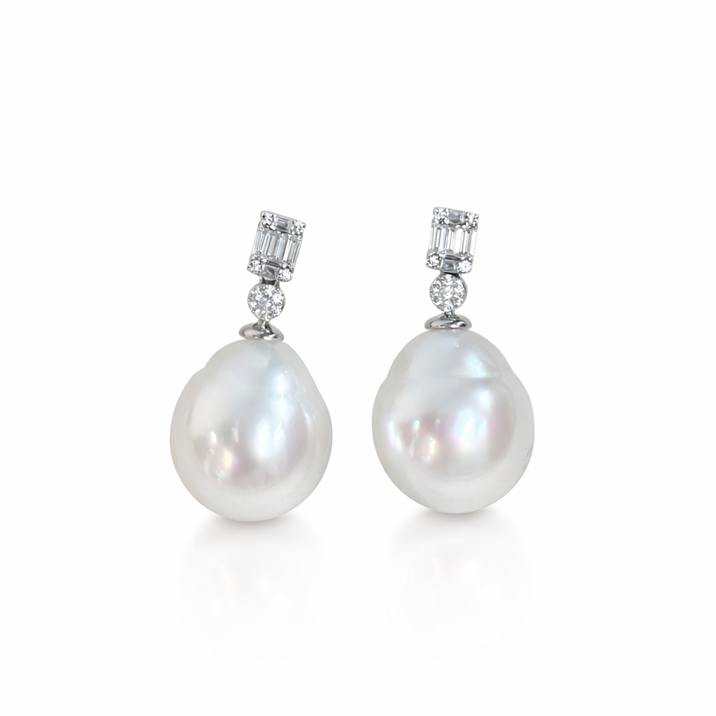 12mm -13mm Australian White South Sea Pearl Baroque Earrings - 18KT White Gold & Moissanite