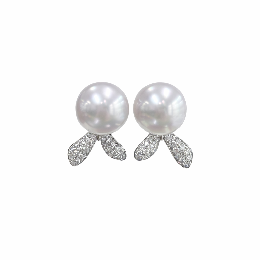 11mm - 12mm Semi-Round White South Sea Pearl Earrings with Petal Backs - 14K White Gold