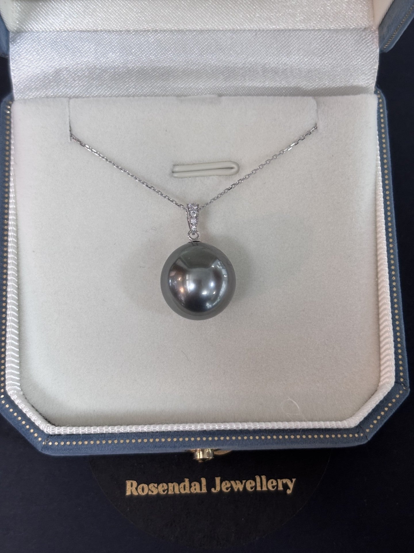 13mm - 14mm Semi Round Large Tahitian Pearl Pendant Dark Silver - 18kt White Gold