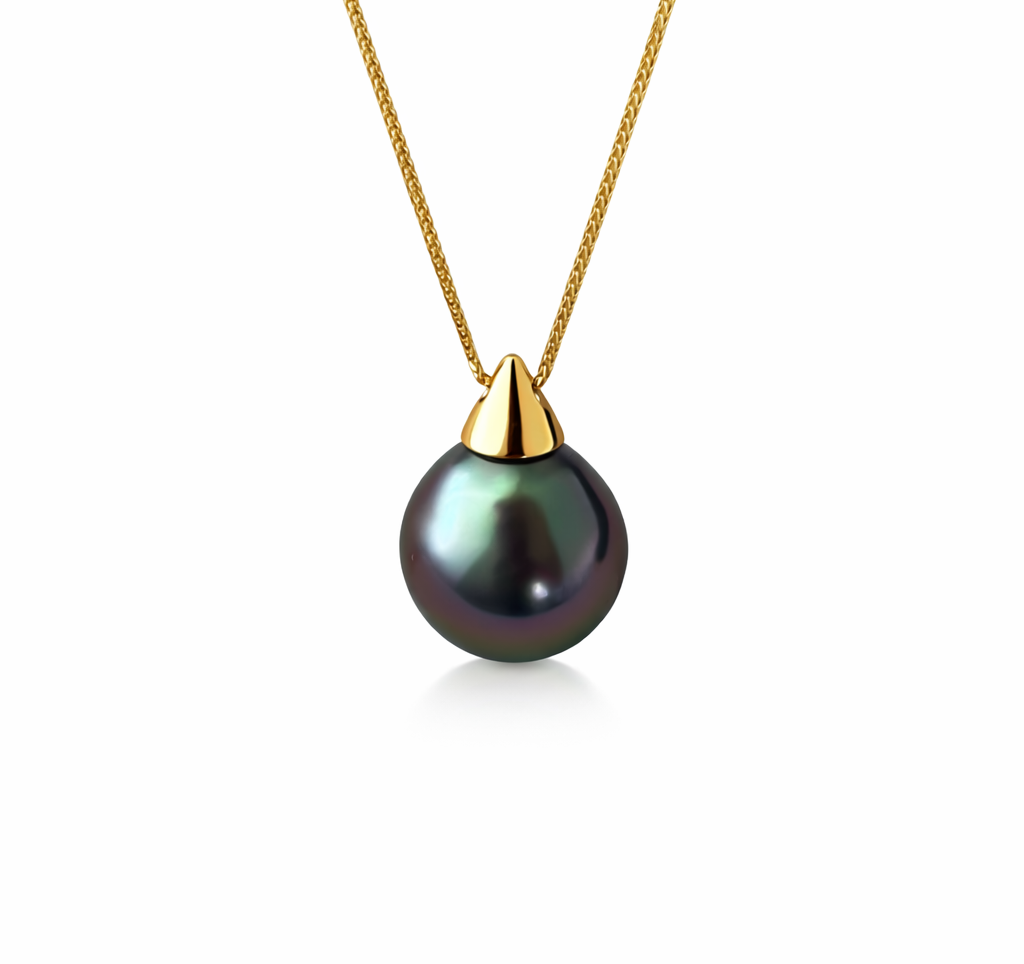 11mm Round Tahitian Pearl Peacock Green Pendant - 18KT Yellow Gold