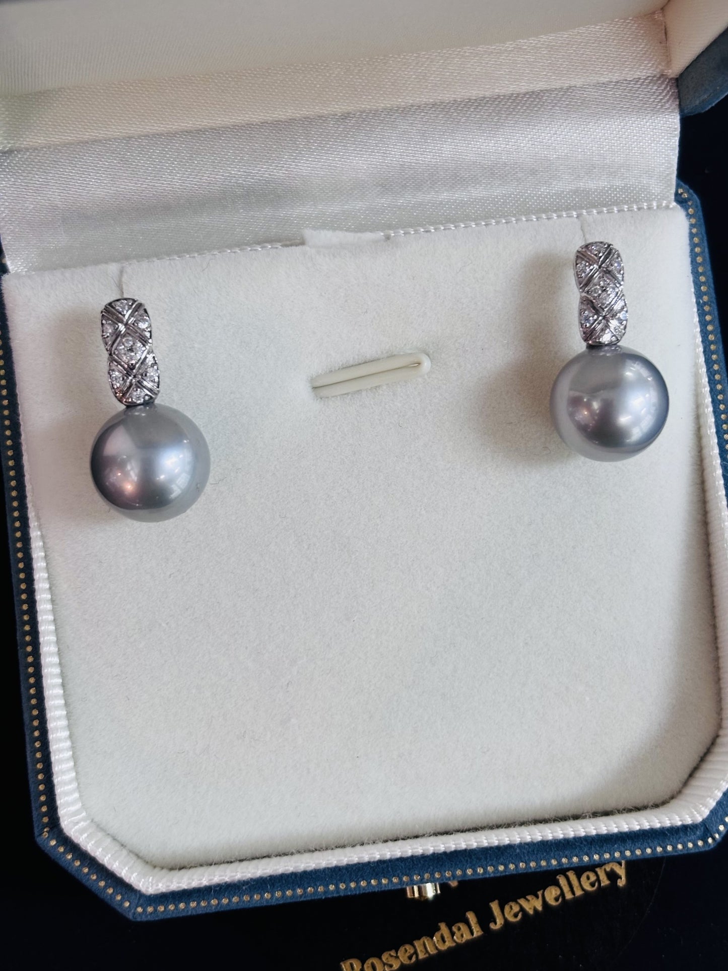 Made to order - 11mm - 12mm Round Tahitian Silver Pearl Earrings - 18kt White Gold