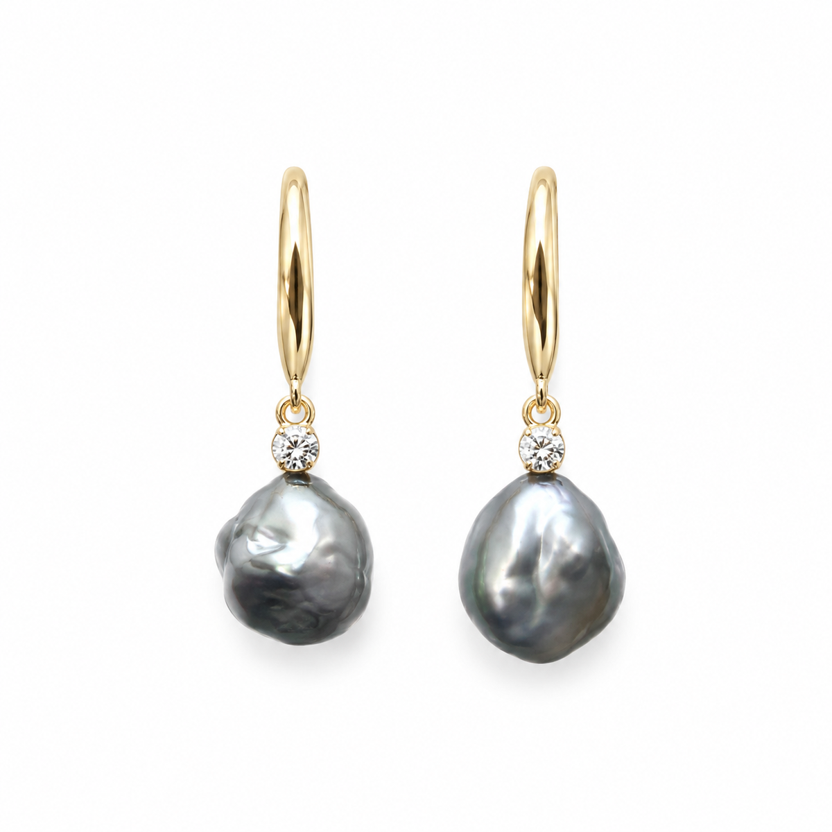 8mm-9mm Keshi Pearl Earrings (hoops) Green and Silver Overtone - 18KT Yellow Gold