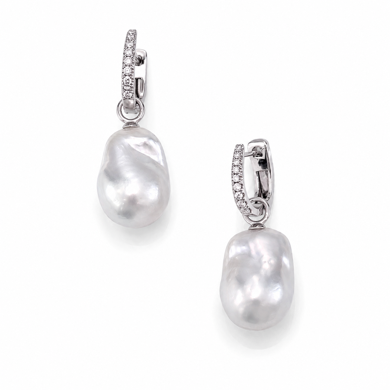 12mm - 15mm Baroque Australian White Southsea Pearl Earring Hoops - 9KT White Gold with Moissanites
