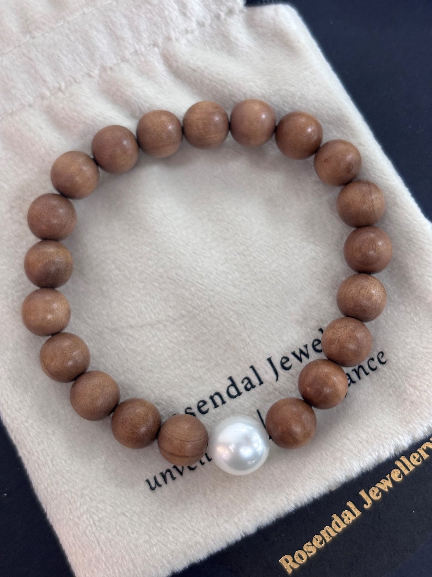 Made to order - Light Sandalwood Bead Bracelet with 10mm Round White South Sea Pearl
