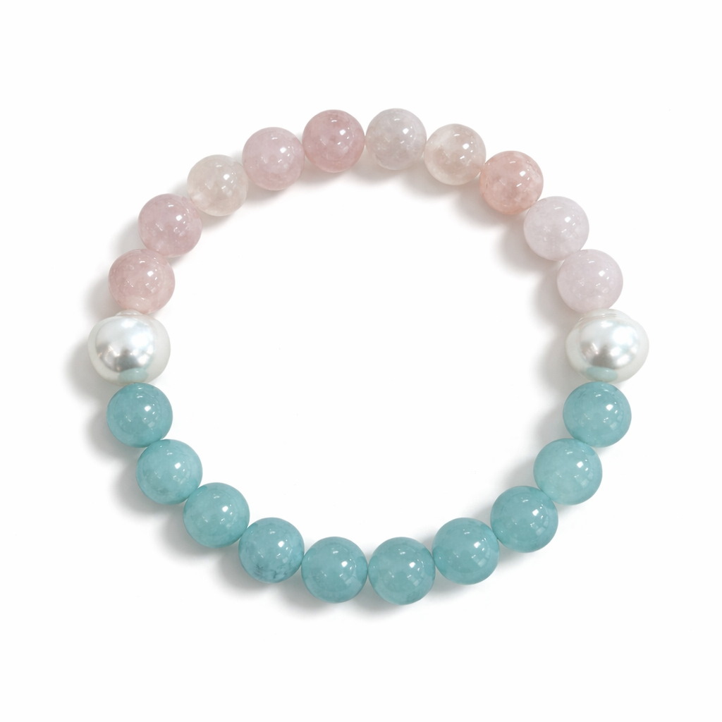 Natural Aquamarine & Morganite Bead Bracelet with Two White Southsea Pearls