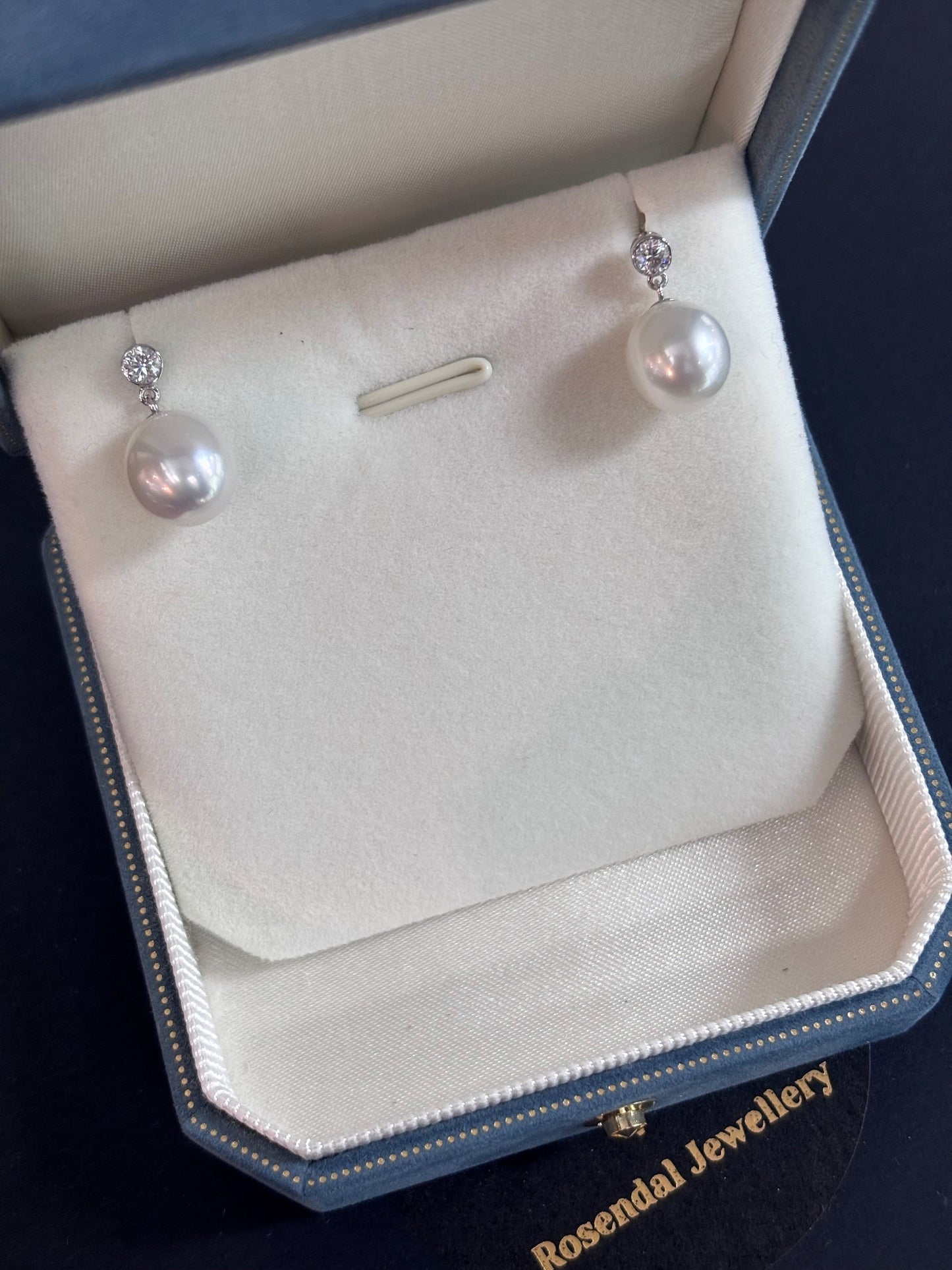 Made to order - 9mm Oval White South Sea Pearl Earrings - 18kt White Gold