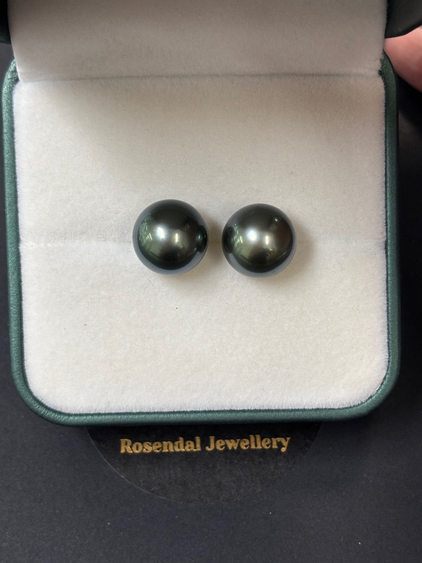 12mm-13mm Round Tahitian Pearl Earring Studs Peacock Green- 18kt Yellow Gold