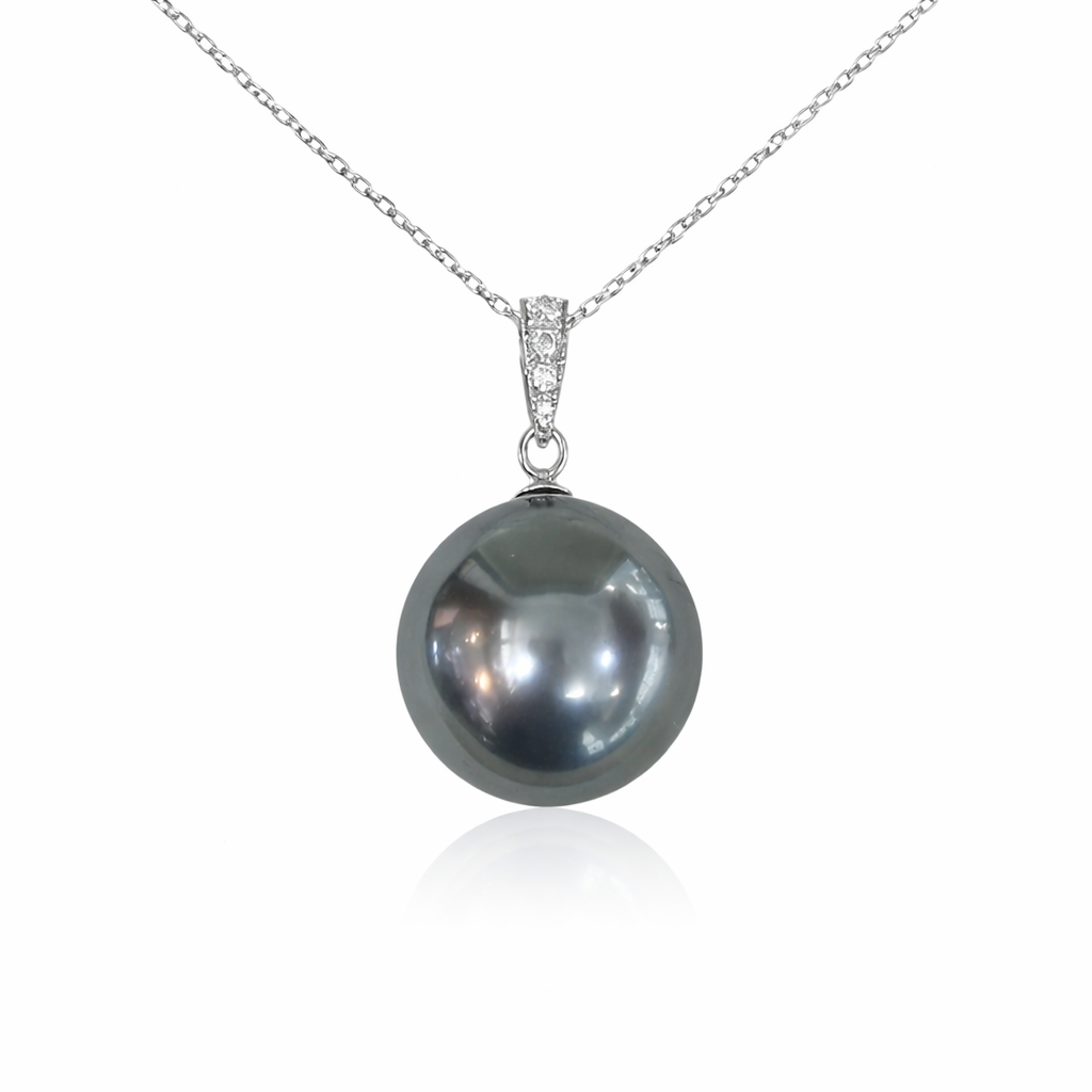 13mm - 14mm Semi Round Large Tahitian Pearl Pendant Dark Silver - 18kt White Gold