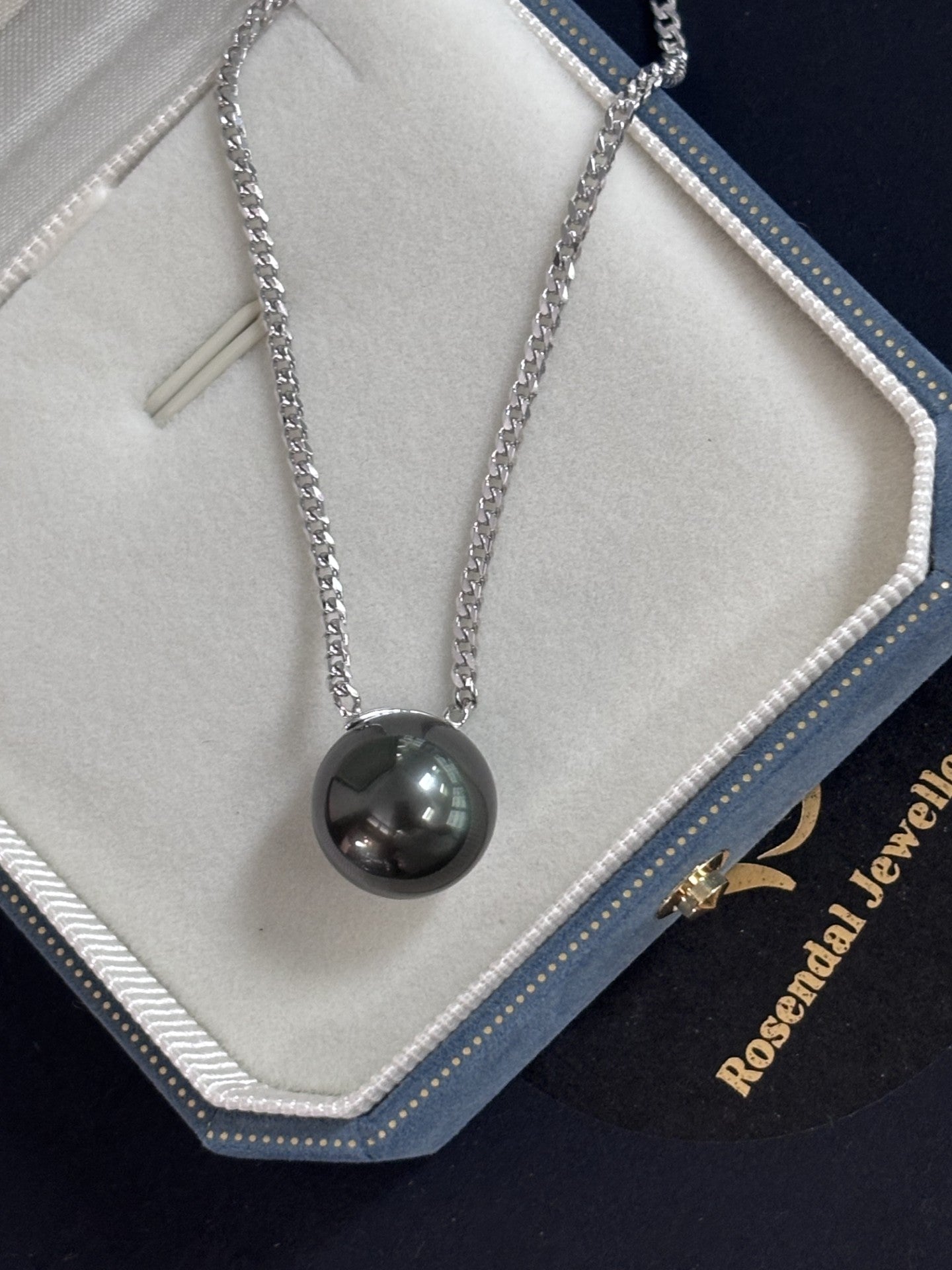 Made to order - 12mm-13mm Dark Round Tahitian Pearl Pendant - 18kt White Gold