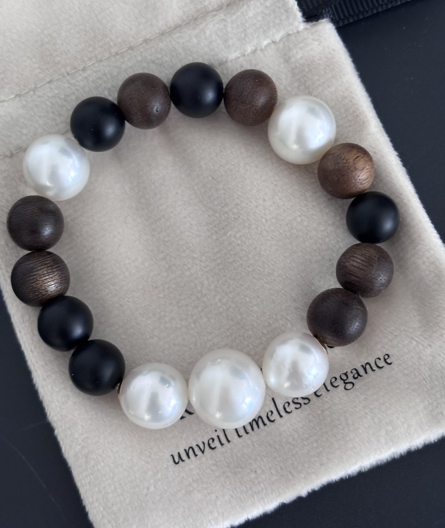 Five White South Sea Pearl with Sandalwood and Onyx Beads