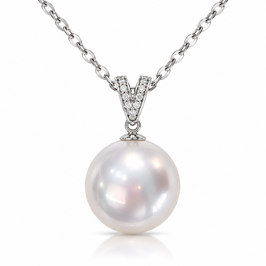 Premium 13mm Round Australian White Southsea Pearl - 18KT White Gold with Natural Diamonds
