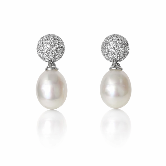 11-12mm White Oval  White Southsea Pearl Earrings - Sterling Silver
