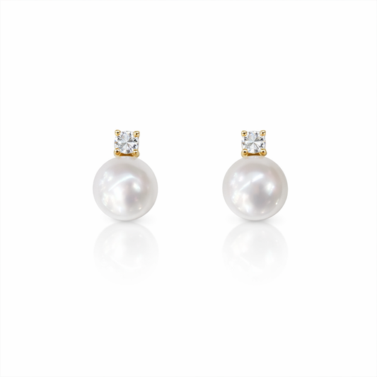 10-11mm Round White Southsea Pearl Earrings - 18KT Yellow Gold with Natural Diamond