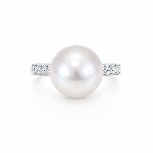 11mm Semi-Round Premium Australian White South Sea Pearl Ring - 14KT White Gold with Lab-Grown Diamonds