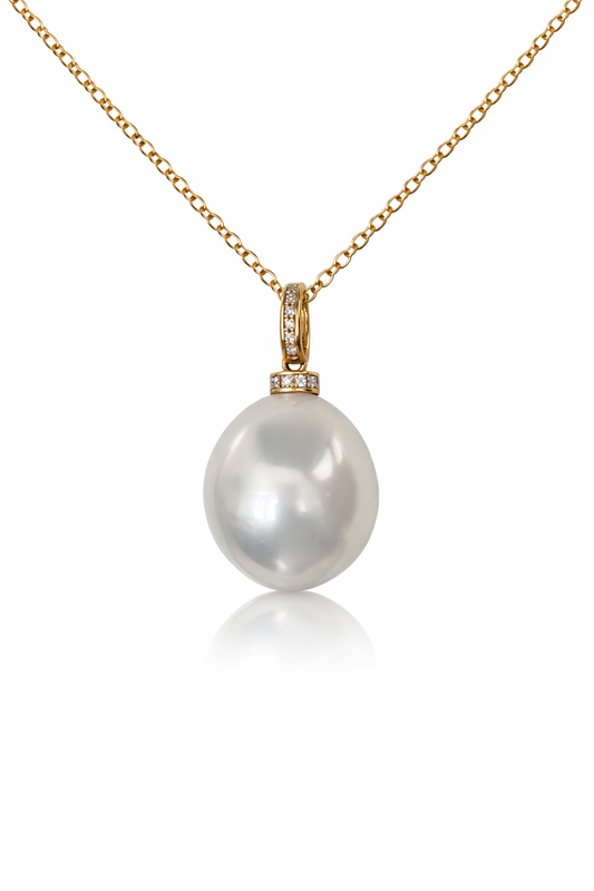 12mm Drop Australian White South Sea Pearl Pendant - 18kt Yellow Gold, Clip-on