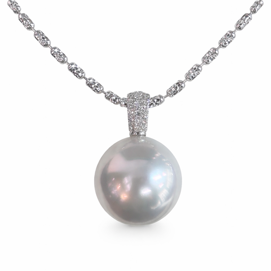 16mm Semi - Round South Sea Pearl Pendant - 18kt White Gold and Diamonds