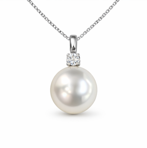 15mm l Semi - Round White South Sea Pearl Pendant (P) - 18KT White Gold, Natural Diamond