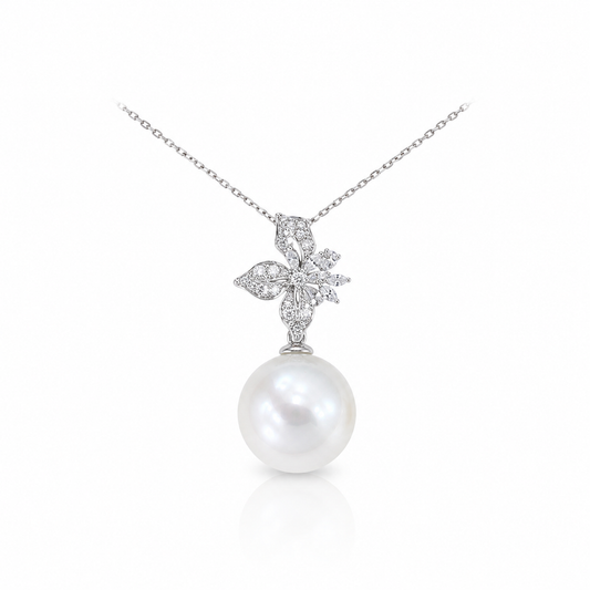 14mm Round Australian Premium White South Sea Pearl Pendant - 18KT White Gold with Natural Diamonds
