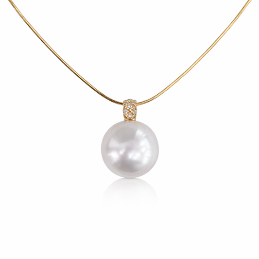 14mm Semi-Round Australian White South Sea Pearl Pendant - 18KT Yellow Gold with Natural Diamond