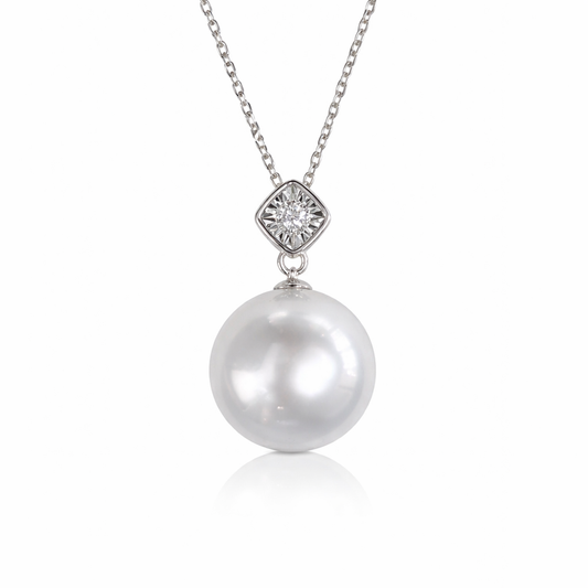 14mm Semi - Round Australian South Pearl Pendant - 18 KT White Gold with Natural Diamond