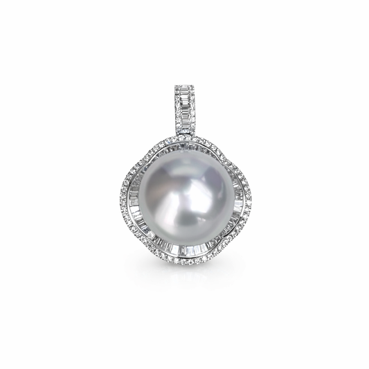 16mm High - Button Australian White South Sea Pearl Pendant - 18KT White Gold & Natural Diamond