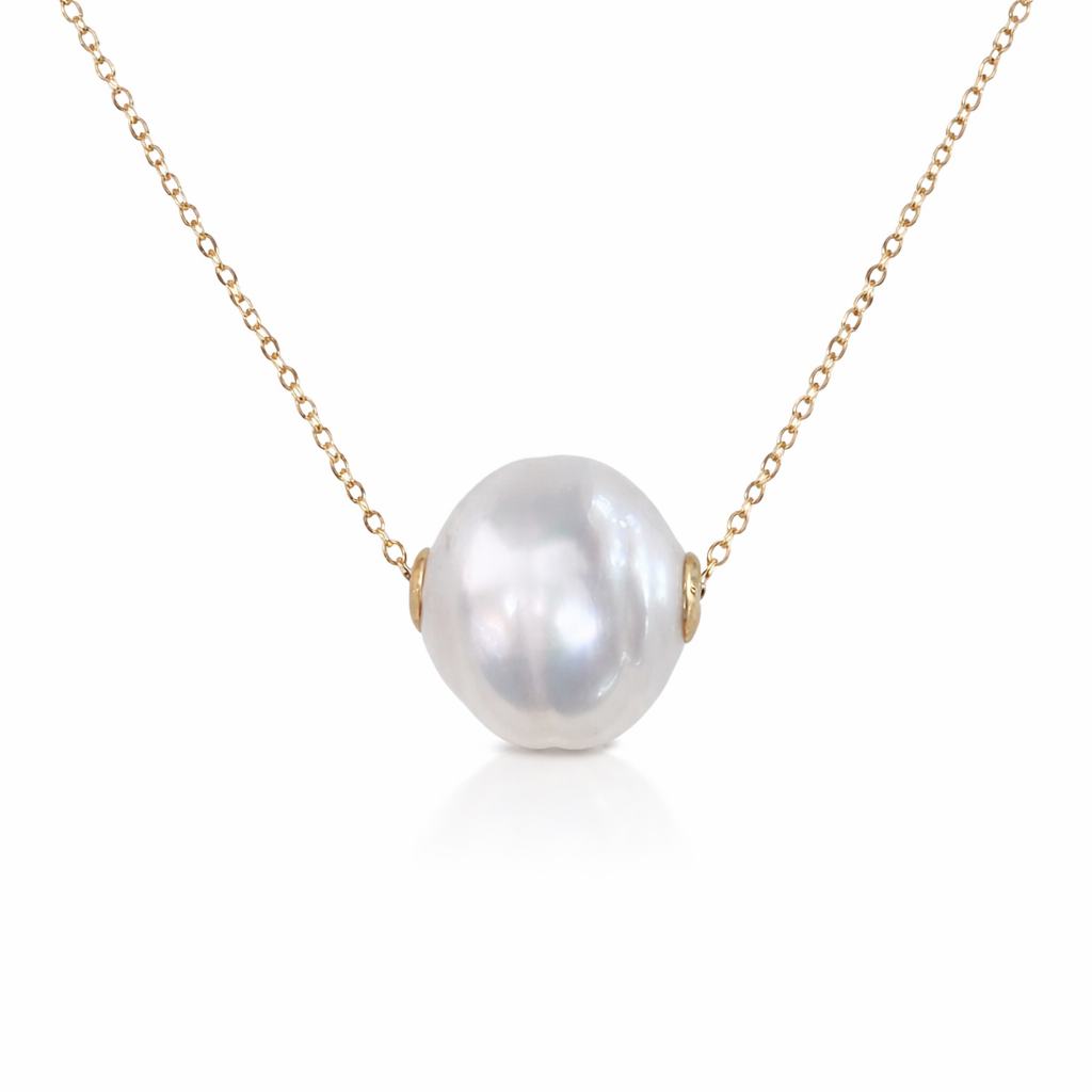 15mm Large Circle White South Pearl Floating Pendant - 18kt Yellow Gold