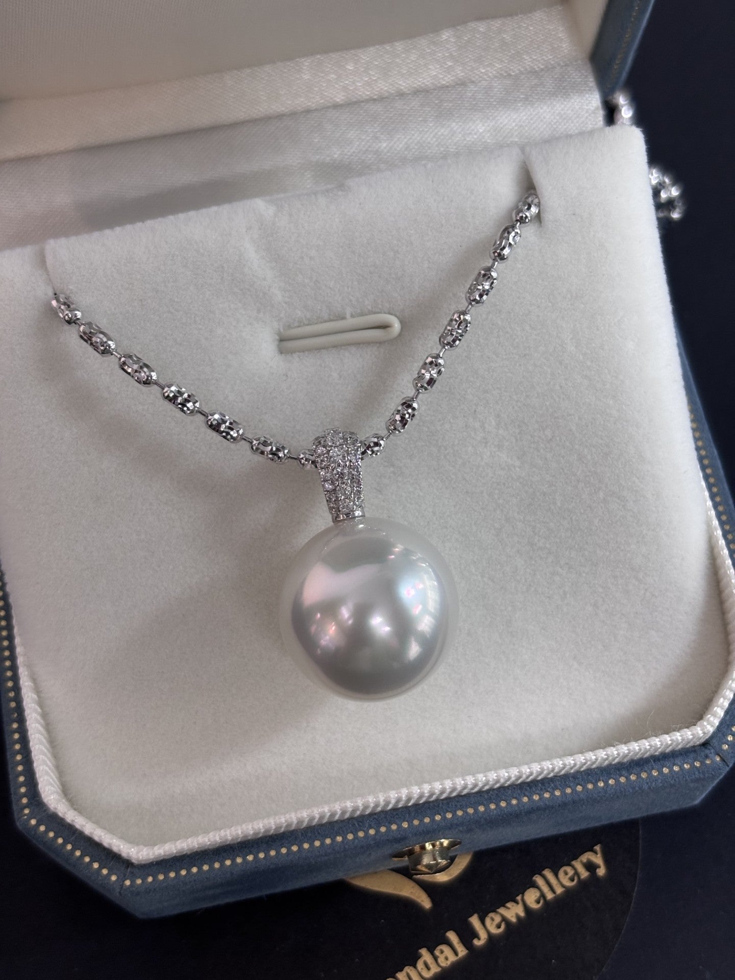 Made to order - 16mm Semi - Round South Sea Pearl Pendant - 18kt White Gold and Diamonds