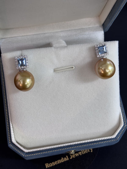 12mm Round Golden South Pearl Earings - 14kt White Gold with Aquamarine setting