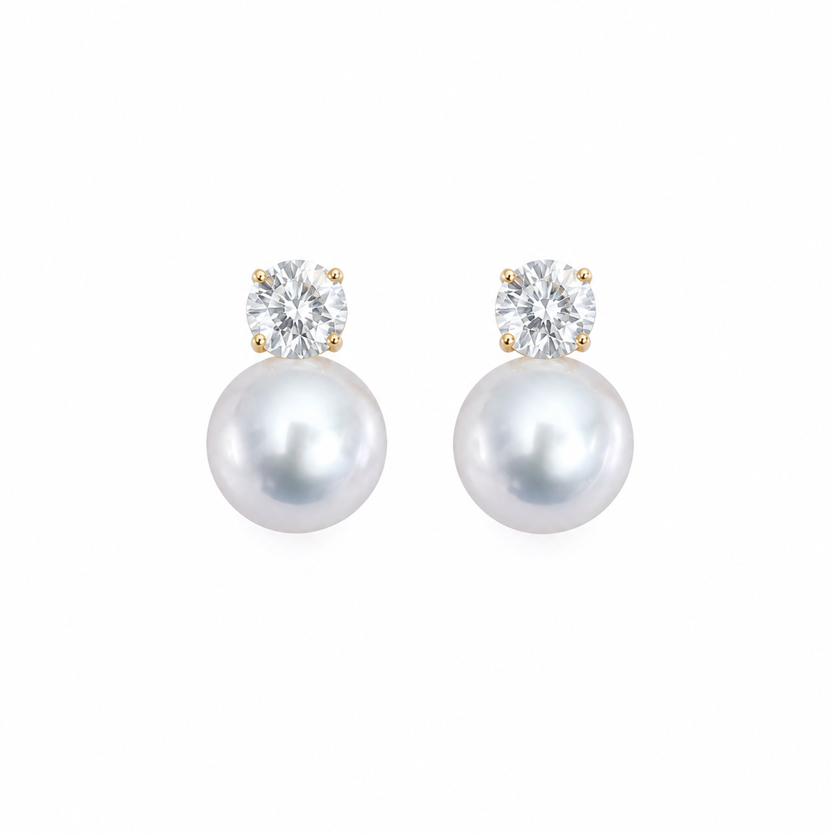 8.5mm Round Australian White Southsea Pearl Earrings - 18KT Yellow Gold with Natural Diamonds