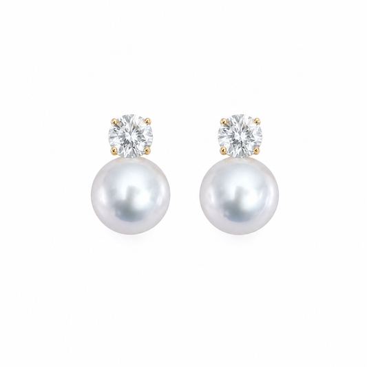 8.5mm Round Australian White Southsea Pearl Earrings - 18KT Yellow Gold with Natural Diamonds