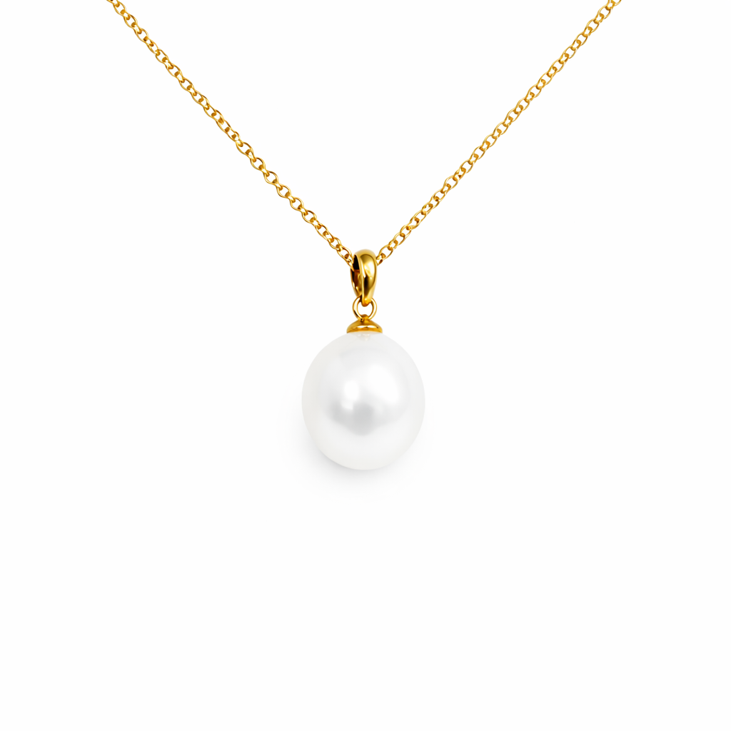 10mm-11mm Oval Australian White South Sea Pearl Pendant - 18KT Yellow Gold