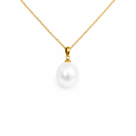 10mm-11mm Oval Australian White South Sea Pearl Pendant - 18KT Yellow Gold