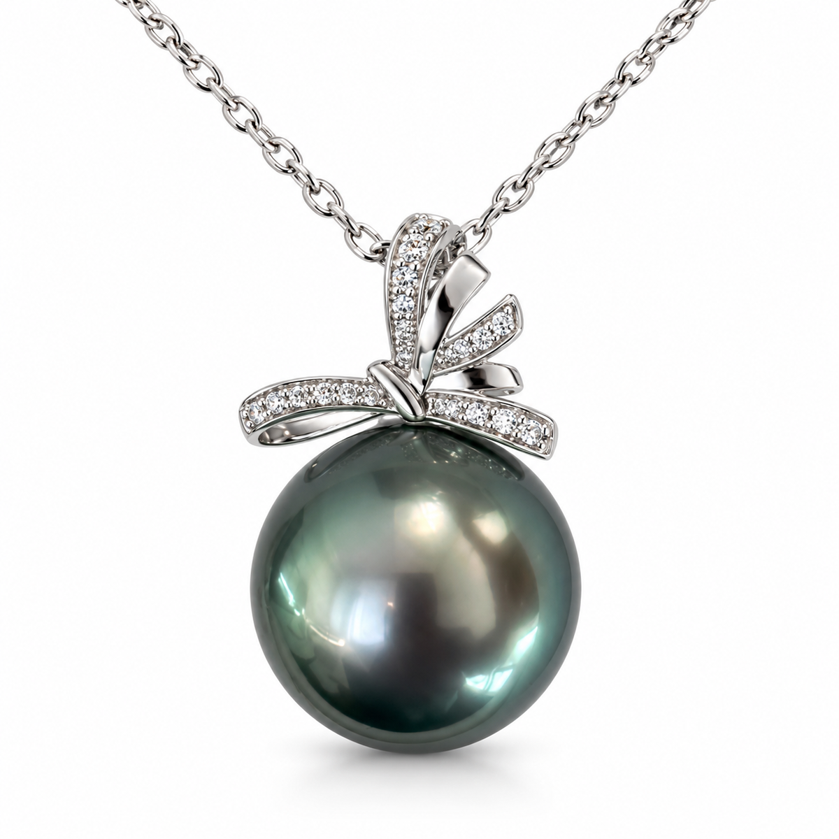 13mm Round Tahitian Pearl Peacock Green Pendant - 18KT White Gold