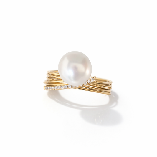 9mm Round White South Sea Pearl Ring - 18KT Yellow Gold