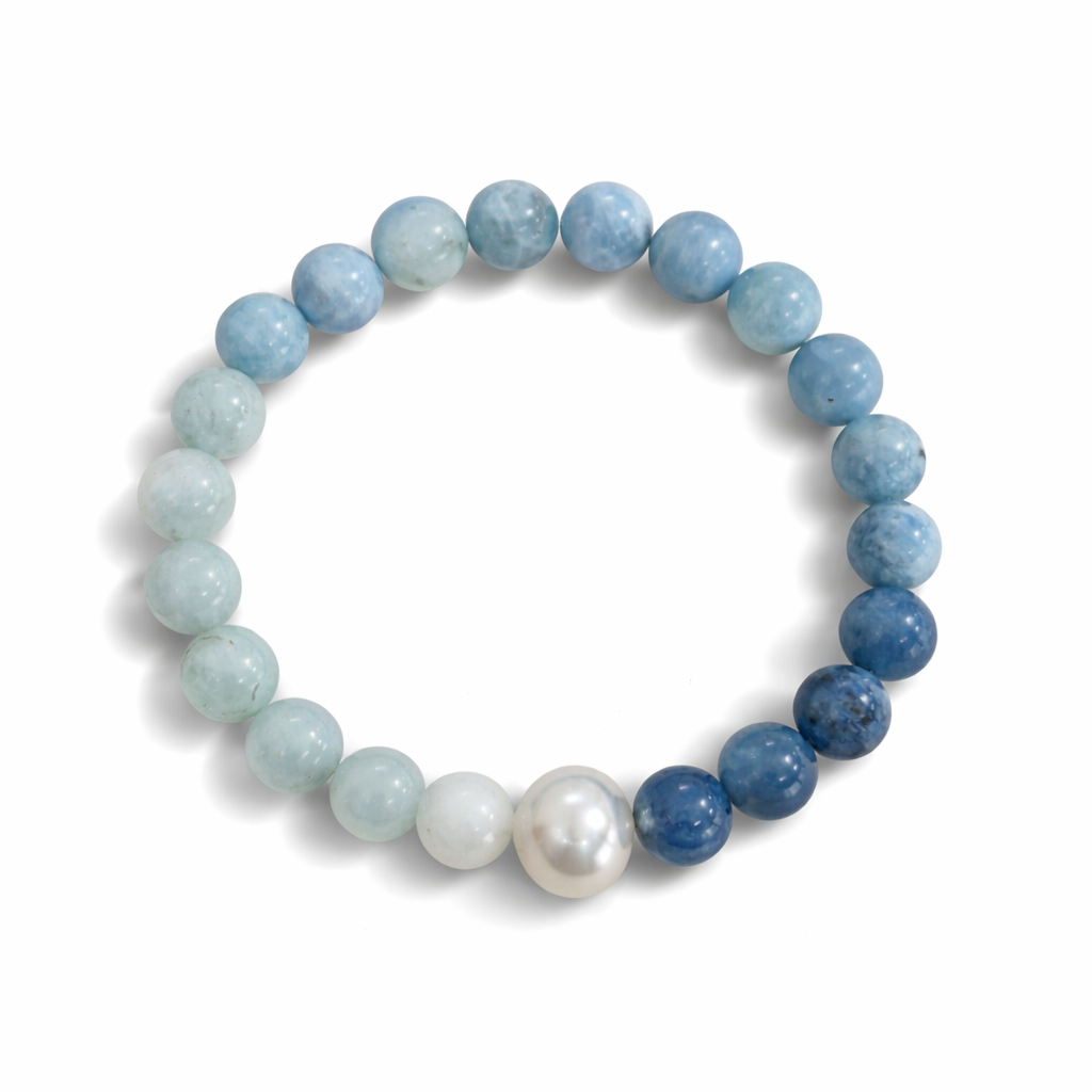 Natural Aquamarine Bead Bracelet with a White Southsea Pearl