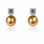 11mm-12mm Round Golden South Pearl Earrings - 14KT White Gold with Aquamarine setting