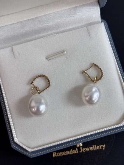 11mm - 12mm Baroque White South Sea Pearl Hoop Earrings - 14kt Yellow Gold