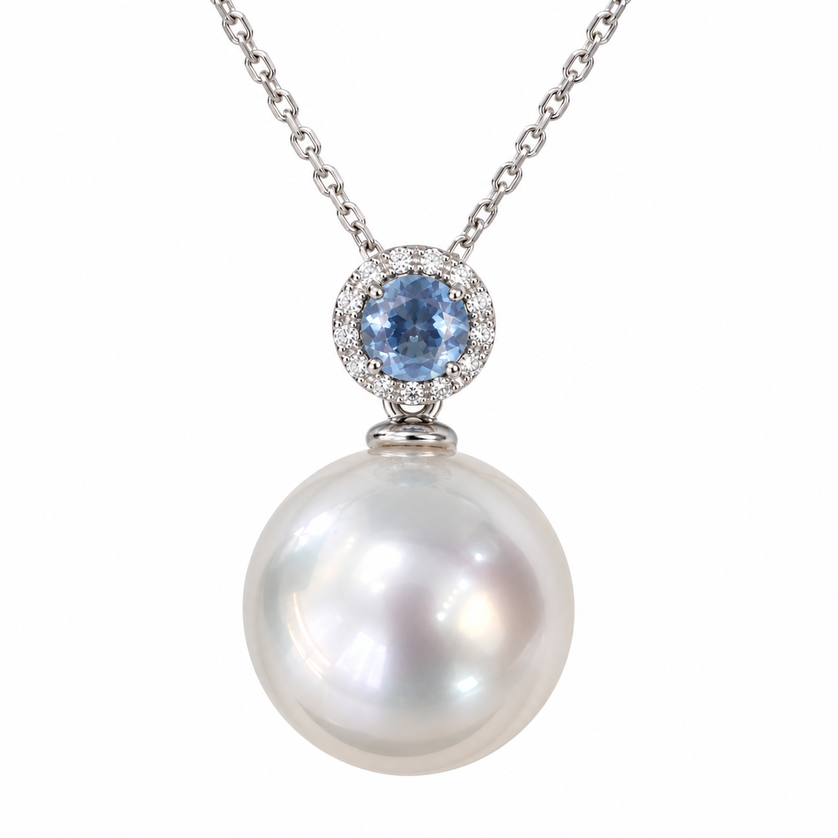 Premium 14.8mm Round Australian White Southsea Pearl & Natural Aquamarine Diamond Pendant - 18KT White Gold