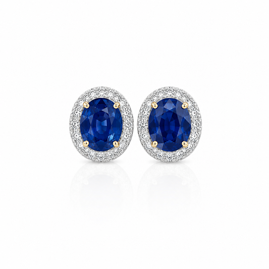 2.7CT Natural Blue Sapphire (H) Earring Studs  - 18KT White Gold with Natural Diamonds