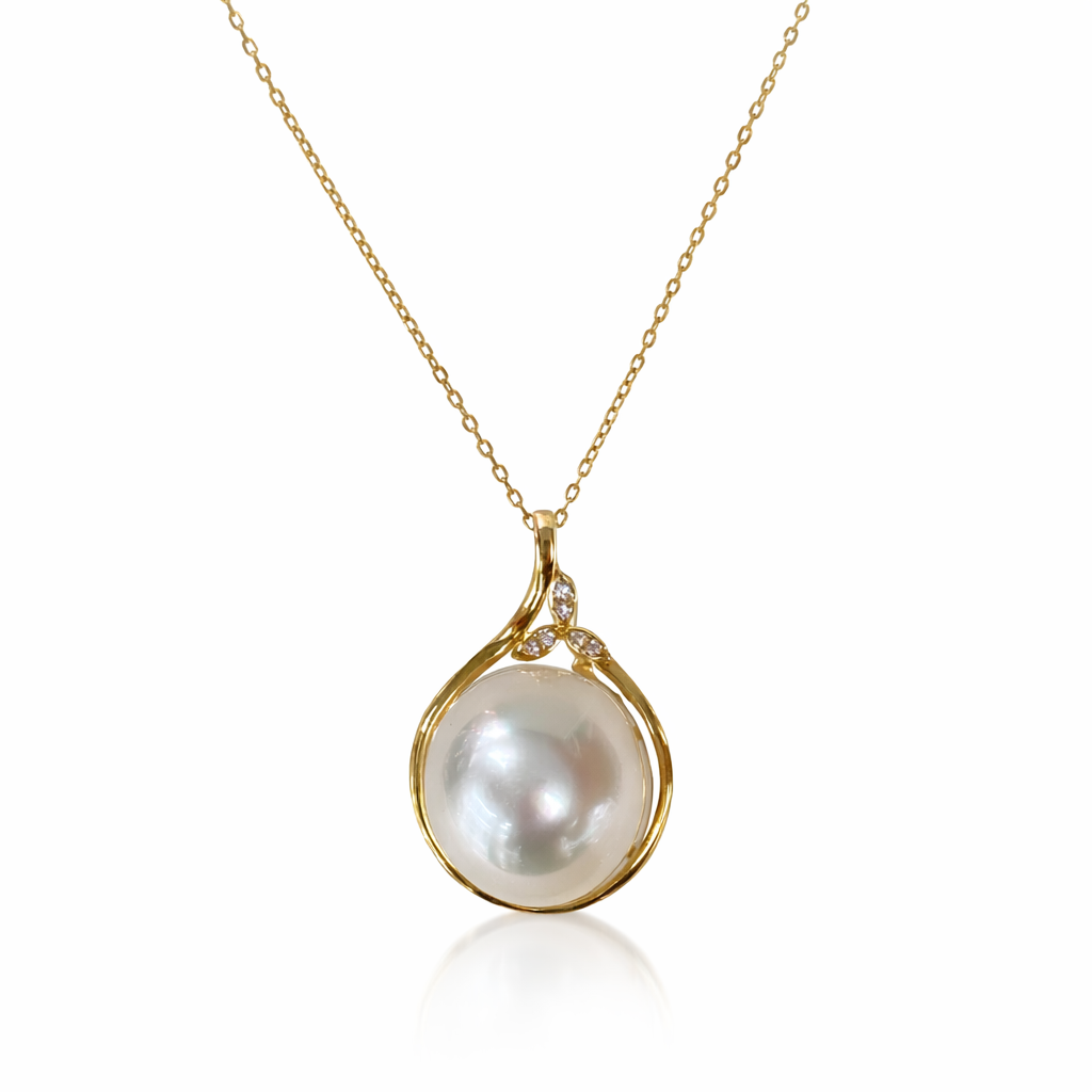 13mm High Button White Southsea Pearl Pendant - 18KT Yellow Gold